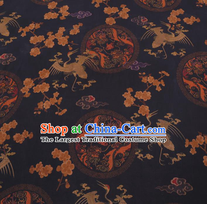 Chinese Cheongsam Classical Crane Plum Pattern Design Black Watered Gauze Fabric Asian Traditional Silk Material