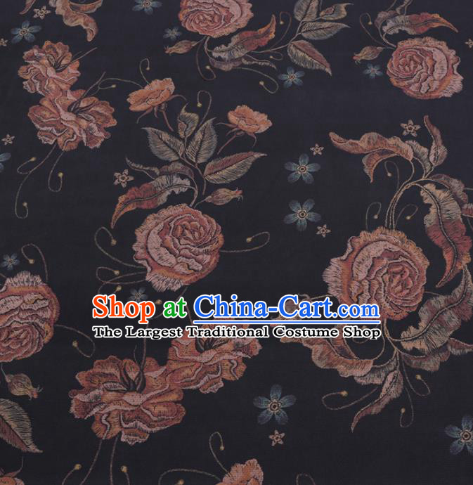 Chinese Cheongsam Classical Rose Flowers Pattern Design Black Watered Gauze Fabric Asian Traditional Silk Material