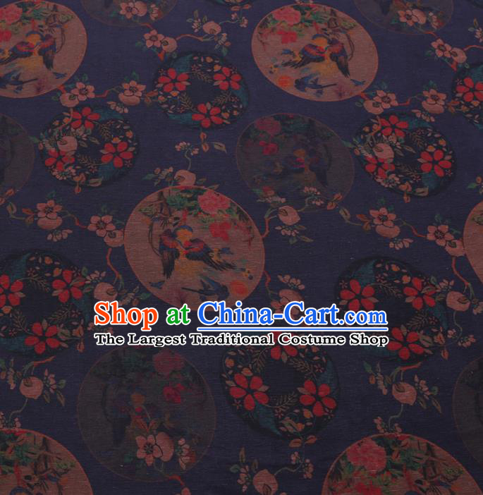 Chinese Cheongsam Classical Plum Peony Pattern Design Deep Blue Watered Gauze Fabric Asian Traditional Silk Material