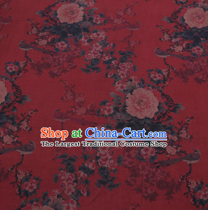 Chinese Cheongsam Classical Peony Plum Pattern Design Red Watered Gauze Fabric Asian Traditional Silk Material