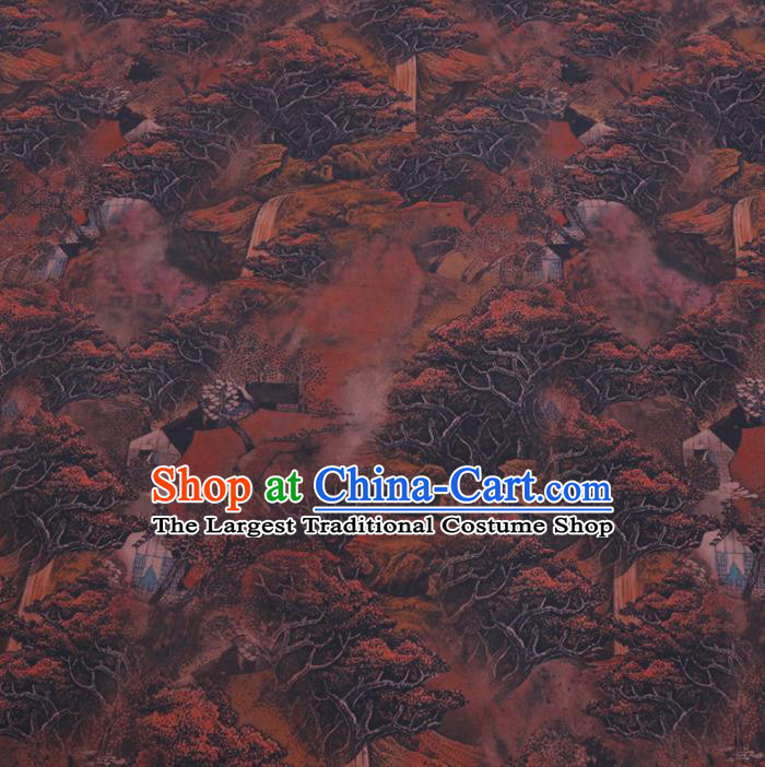 Chinese Cheongsam Classical Landscape Pattern Design Brown Watered Gauze Fabric Asian Traditional Silk Material