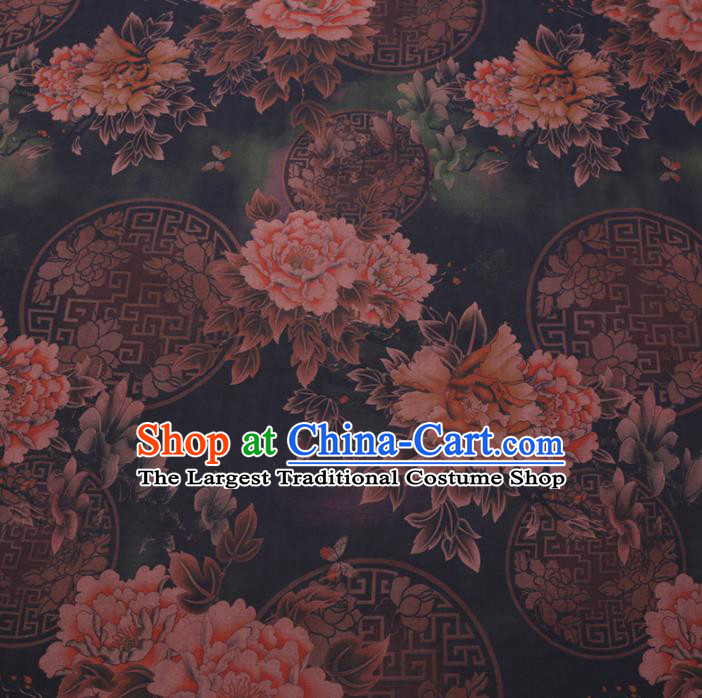 Chinese Cheongsam Classical Rich Peony Pattern Design Black Watered Gauze Fabric Asian Traditional Silk Material