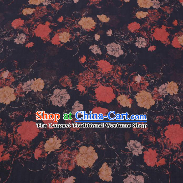 Chinese Cheongsam Classical Flowers Pattern Design Black Watered Gauze Fabric Asian Traditional Silk Material