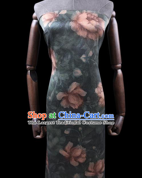 Chinese Cheongsam Classical Lotus Flowers Pattern Design Dark Green Watered Gauze Fabric Asian Traditional Silk Material