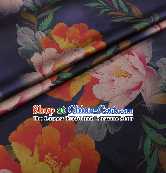 Chinese Cheongsam Classical Peony Pattern Design Navy Blue Watered Gauze Fabric Asian Traditional Silk Material