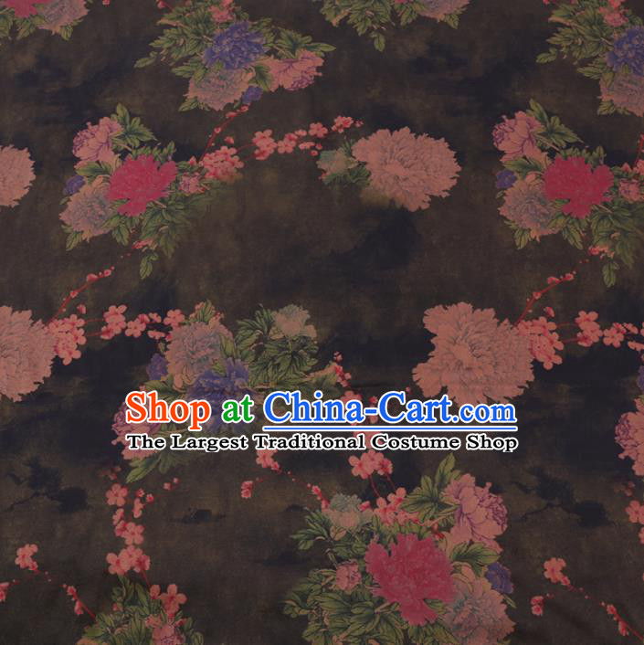 Chinese Cheongsam Classical Plum Peony Pattern Design Black Watered Gauze Fabric Asian Traditional Silk Material