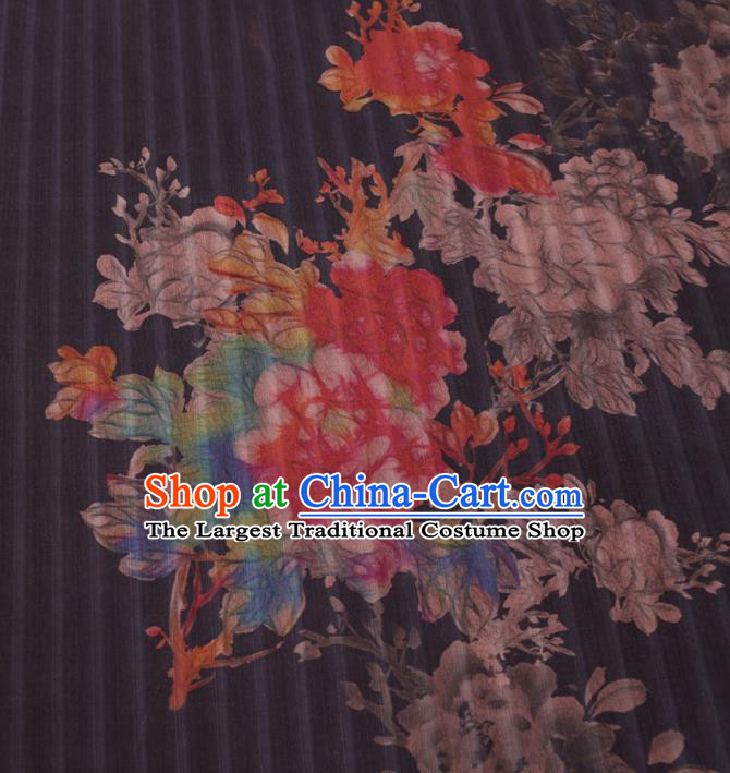 Chinese Cheongsam Classical Magnolia Peony Pattern Design Black Watered Gauze Fabric Asian Traditional Silk Material