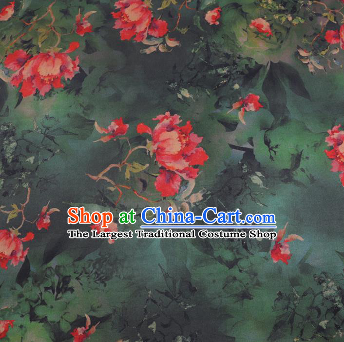 Chinese Cheongsam Classical Flowers Pattern Design Deep Green Watered Gauze Fabric Asian Traditional Silk Material