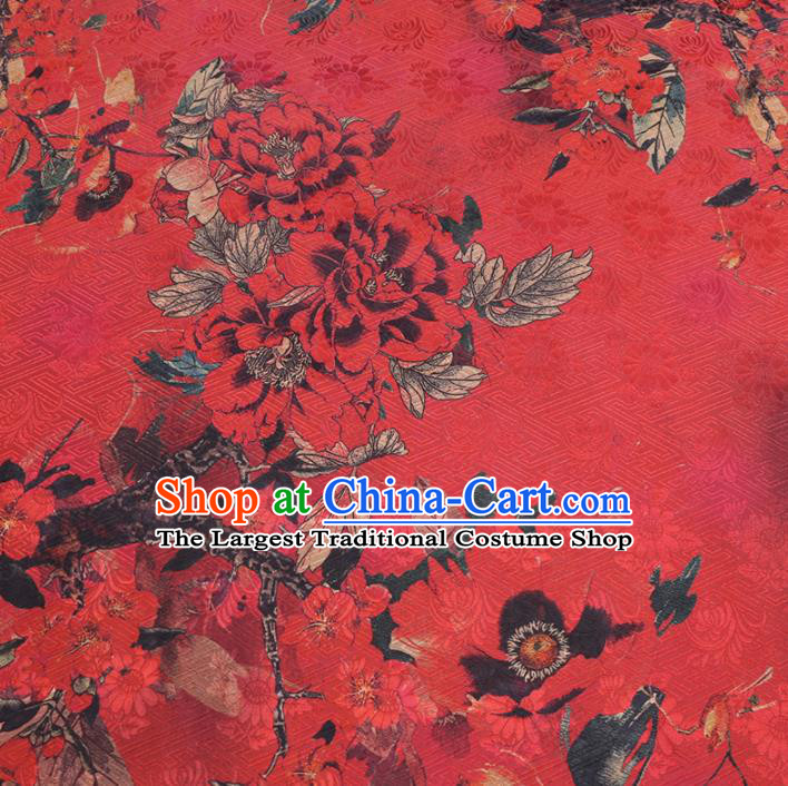 Chinese Cheongsam Classical Chrysanthemum Peony Pattern Design Red Watered Gauze Fabric Asian Traditional Silk Material