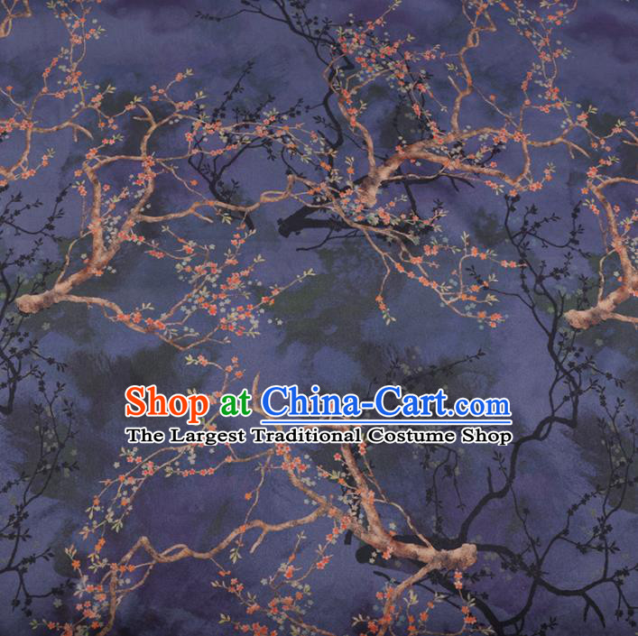 Chinese Cheongsam Classical Plum Flowers Pattern Design Deep Blue Watered Gauze Fabric Asian Traditional Silk Material