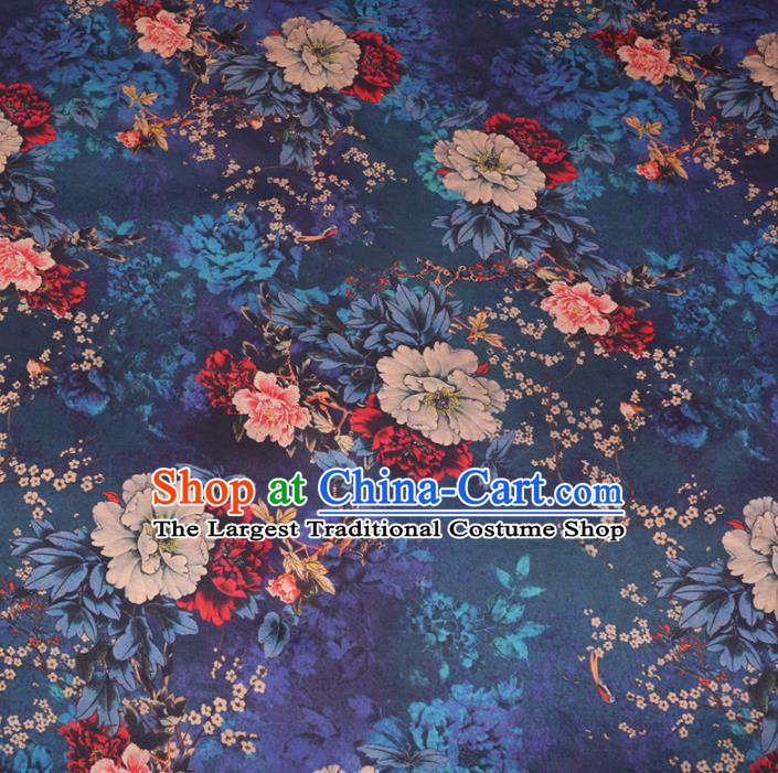 Chinese Cheongsam Classical Plum Peony Pattern Design Peacock Blue Watered Gauze Fabric Asian Traditional Silk Material