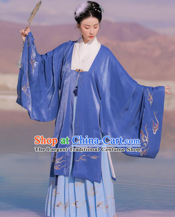 Chinese Ancient Royal Dowager Embroidered Blue Dress Traditional Ming Dynasty Court Countess Costumes for Women