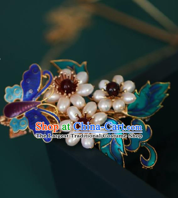 Chinese Handmade Ming Dynasty Princess Pearls Butterfly Hair Comb Hairpins Ancient Hanfu Hair Accessories for Women