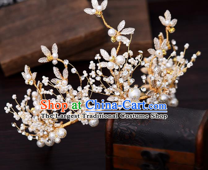 Top Handmade Bride Beads Leaf Royal Crown Wedding Hair Accessories for Women