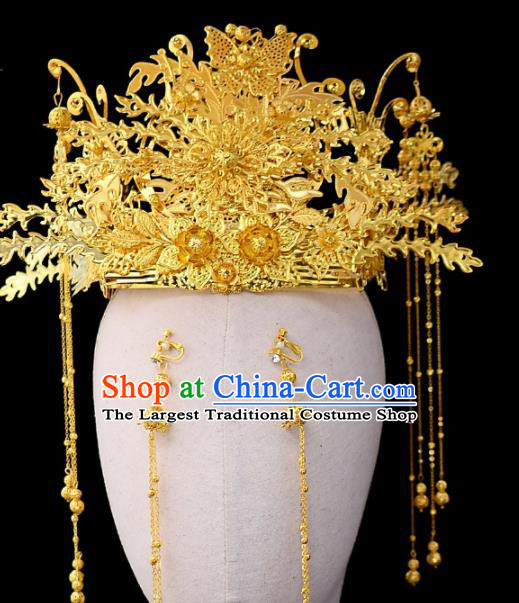 Chinese Traditional Wedding Golden Phoenix Coronet Handmade Bride Hair Accessories for Women