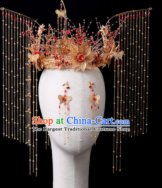 Chinese Traditional Wedding Golden Peony Phoenix Coronet Handmade Bride Hair Accessories for Women