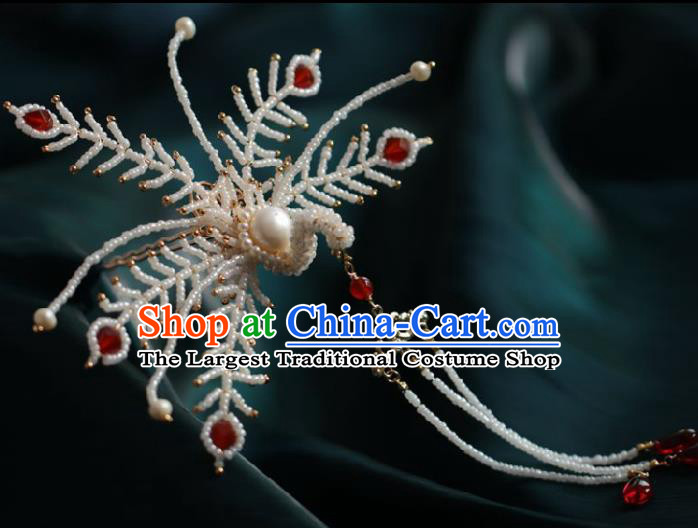 Chinese Handmade Ming Dynasty Queen White Beads Phoenix Tassel Hairpins Ancient Hanfu Hair Accessories for Women