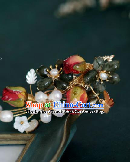 Chinese Handmade Ming Dynasty Princess Red Flower Pearls Hairpins Ancient Hanfu Hair Accessories for Women