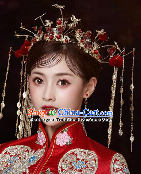 Chinese Traditional Wedding Red Butterfly Hair Crown Handmade Bride Hair Accessories for Women