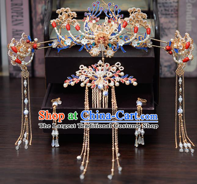 Chinese Traditional Wedding Pearls Phoenix Hair Comb Tassel Hairpins Handmade Bride Hair Accessories for Women