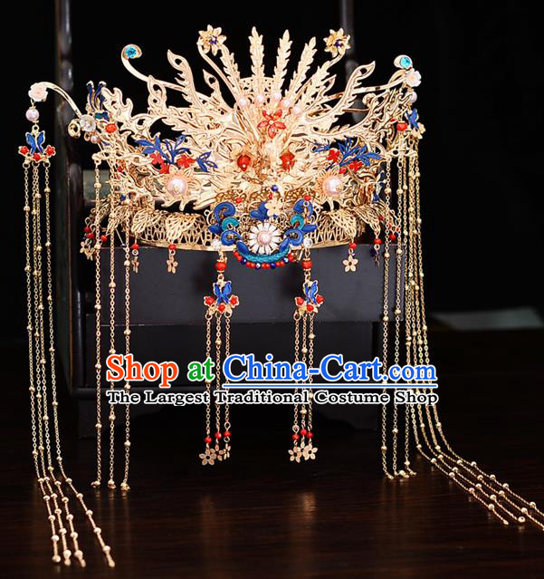Chinese Traditional Wedding Phoenix Tassel Hair Crown Hairpins Handmade Bride Hair Accessories for Women
