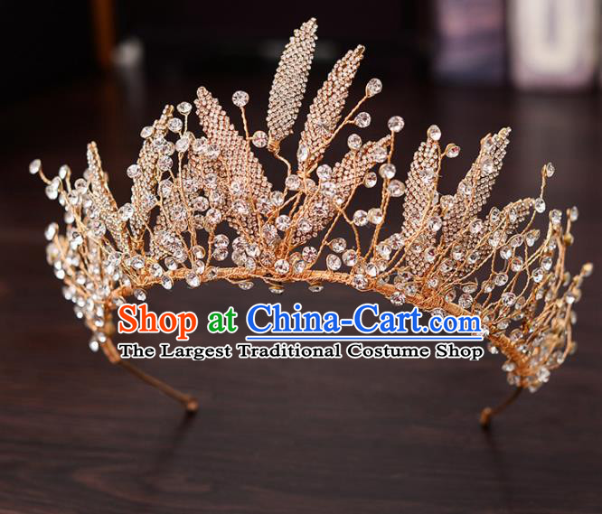 Top Handmade Bride Golden Crystal Leaf Royal Crown Wedding Hair Accessories for Women