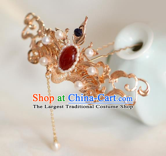 Chinese Handmade Princess Golden Phoenix Agate Hairpins Ancient Hanfu Hair Accessories for Women