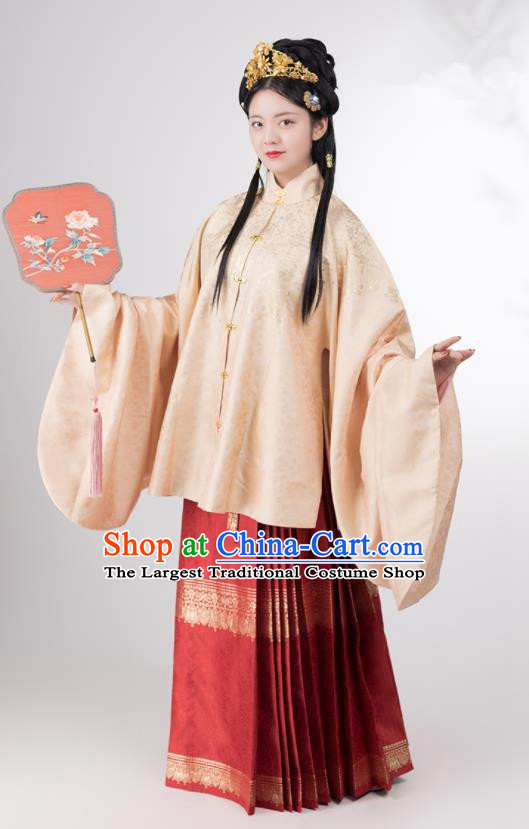 Traditional Chinese Ming Dynasty Palace Lady Apricot Brocade Blouse and Skirt Ancient Royal Infanta Historical Costumes for Women