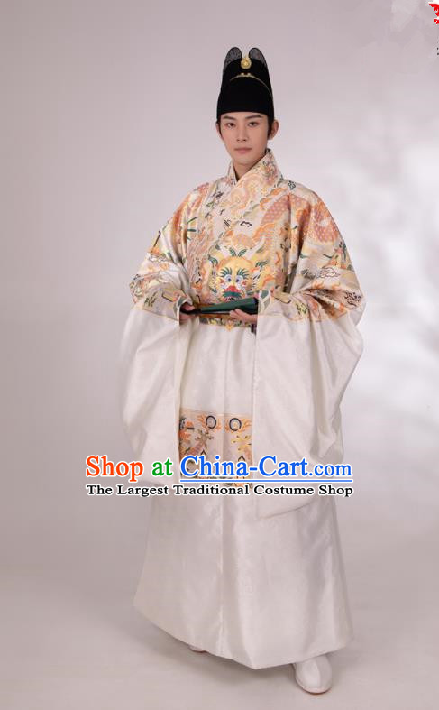 Traditional Chinese Hanfu Court White Brocade Imperial Robe Ancient Ming Dynasty Emperor Historical Costumes for Men