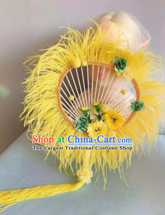 Chinese Traditional Yellow Palace Fans Handmade Ancient Princess Feather Round Fan for Women