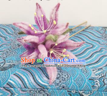 Chinese Traditional Hanfu Qing Dynasty Court Lilac Velvet Flower Hairpins Handmade Ancient Royal Princess Hair Accessories for Women