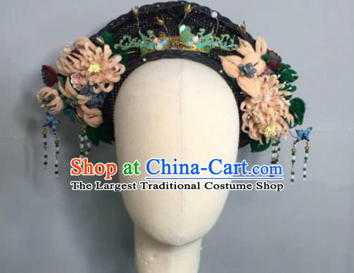 Chinese Handmade Qing Dynasty Manchu Imperial Consort Velvet Flowers Hat Phoenix Coronet Ancient Empress Hair Accessories for Women