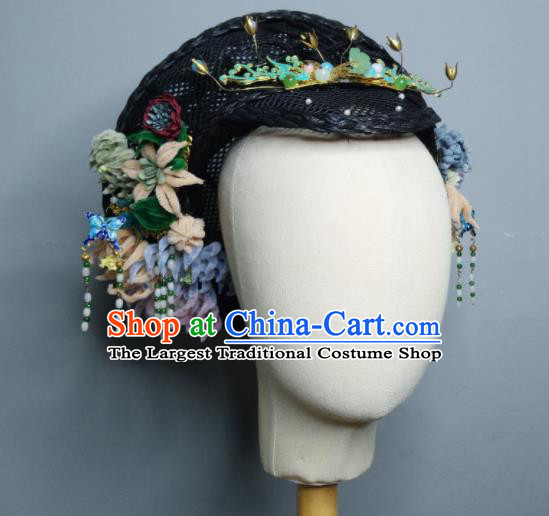 Chinese Handmade Qing Dynasty Manchu Velvet Chrysanthemum Hairpins Hat Ancient Imperial Consort Hair Accessories for Women