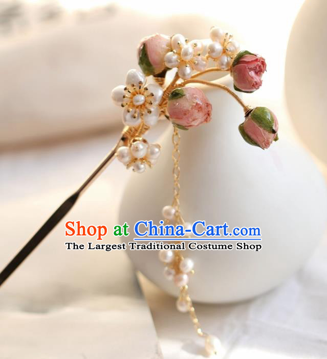 Chinese Handmade Ming Dynasty Princess Pink Flower Pearls Hairpins Ancient Hanfu Hair Accessories for Women