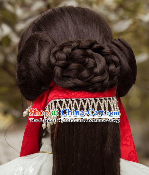 Chinese Traditional Hanfu Ming Dynasty Red Ribbon Headband Handmade Ancient Princess Hair Accessories for Women