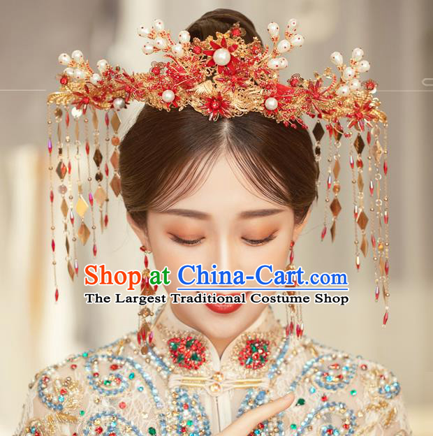 Traditional Chinese Handmade Hairpins Red Flowers Phoenix Coronet Ancient Bride Hair Accessories for Women