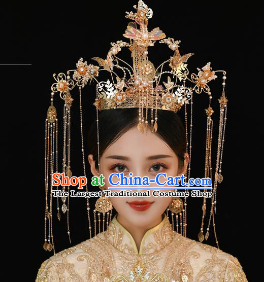 Traditional Chinese Handmade Golden Phoenix Crown Hairpins Ancient Bride Hair Accessories for Women