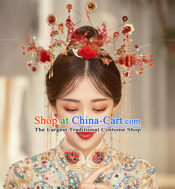 Traditional Chinese Handmade Red Phoenix Crown Hairpins Ancient Bride Hair Accessories for Women