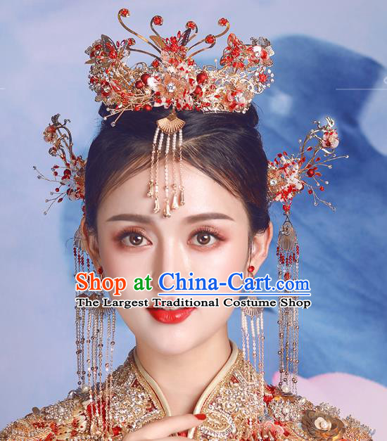 Traditional Chinese Wedding Red Phoenix Coronet Hairpins Handmade Ancient Bride Hair Accessories for Women