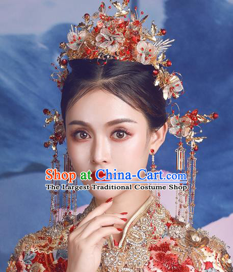 Traditional Chinese Wedding Silk Plum Phoenix Coronet Hairpins Handmade Ancient Bride Hair Accessories for Women