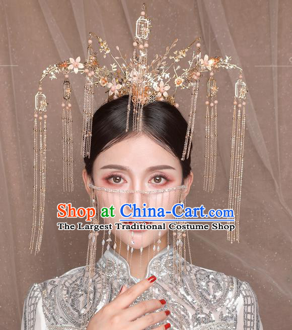 Traditional Chinese Wedding Golden Crane Phoenix Coronet Hairpins Handmade Ancient Bride Hair Accessories for Women