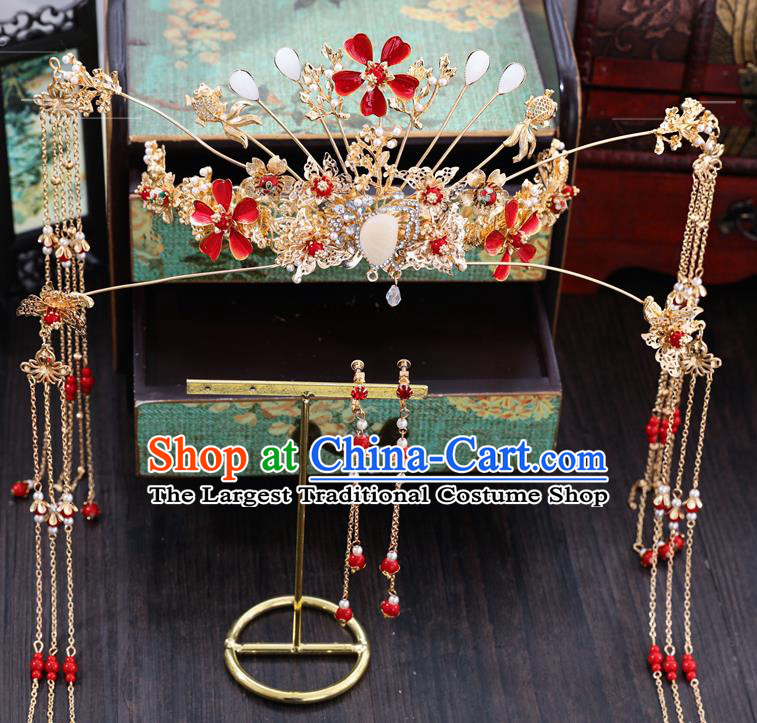 Traditional Chinese Wedding Red Plum Phoenix Coronet Hairpins Handmade Ancient Bride Hair Accessories for Women