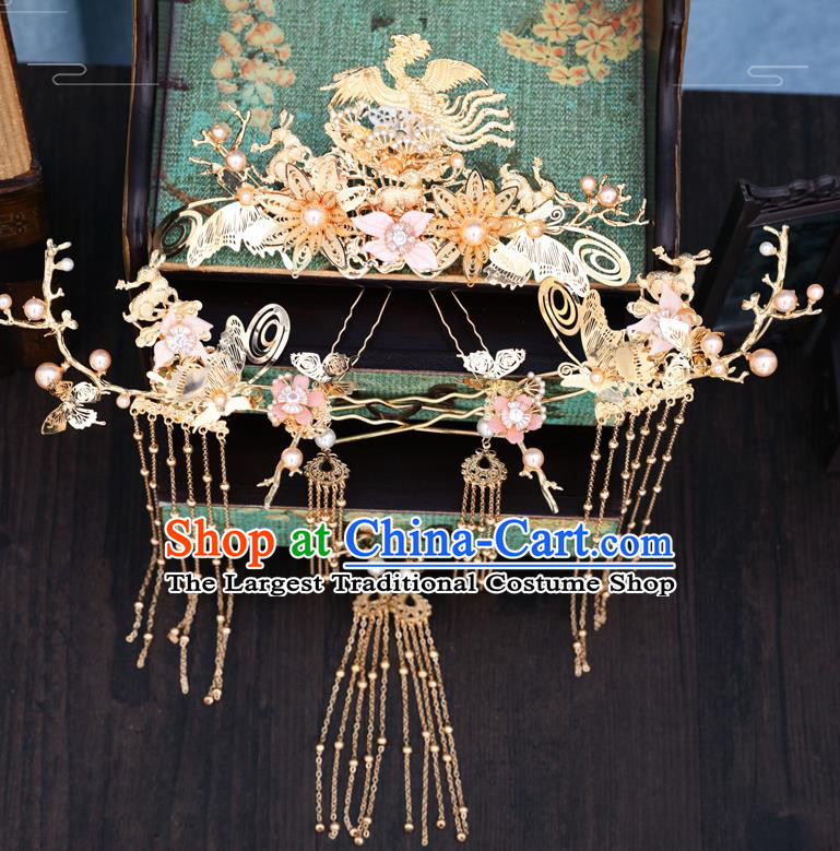 Traditional Chinese Wedding Golden Phoenix Hair Comb Hairpins Handmade Ancient Bride Hair Accessories for Women