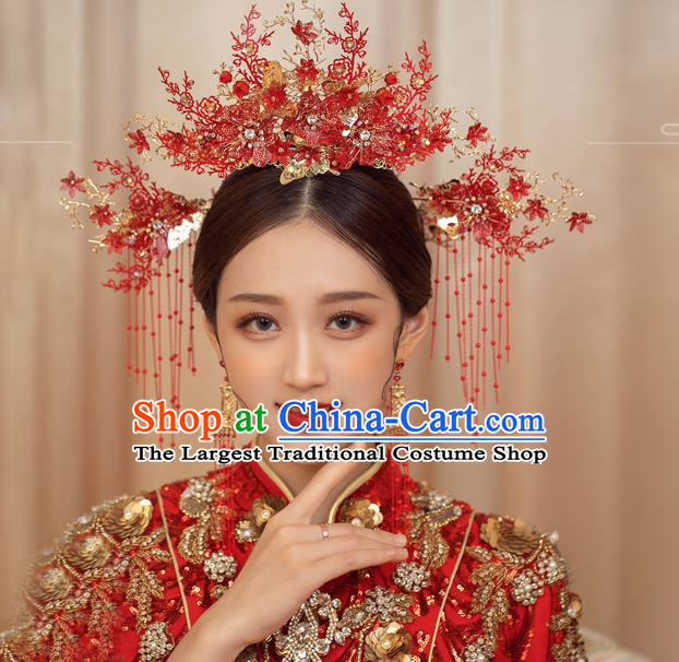 Traditional Chinese Handmade Red Flowers Chaplet Hairpins Ancient Bride Hair Accessories for Women