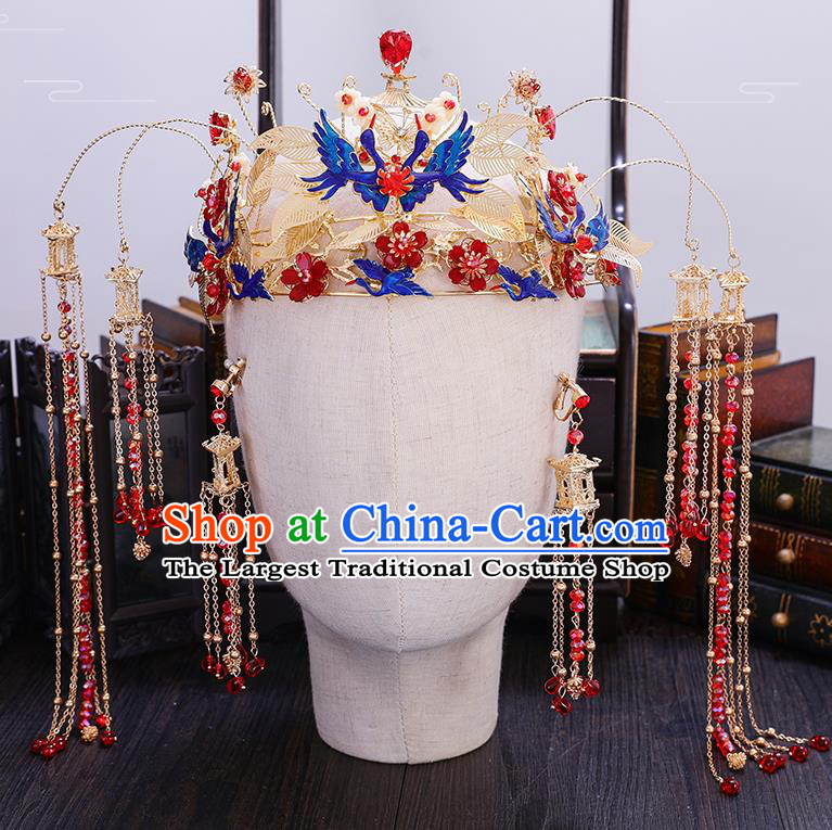 Traditional Chinese Wedding Blueing Crane Phoenix Coronet Hairpins Handmade Ancient Bride Hair Accessories for Women