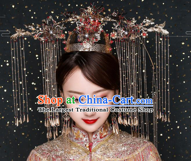 Traditional Chinese Handmade Golden Crown Chaplet Hairpins Ancient Bride Hair Accessories for Women