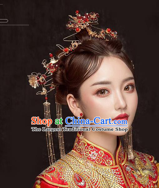 Traditional Chinese Wedding Red Plum Blossom Hair Clasp Tassel Hairpins Handmade Ancient Bride Hair Accessories for Women