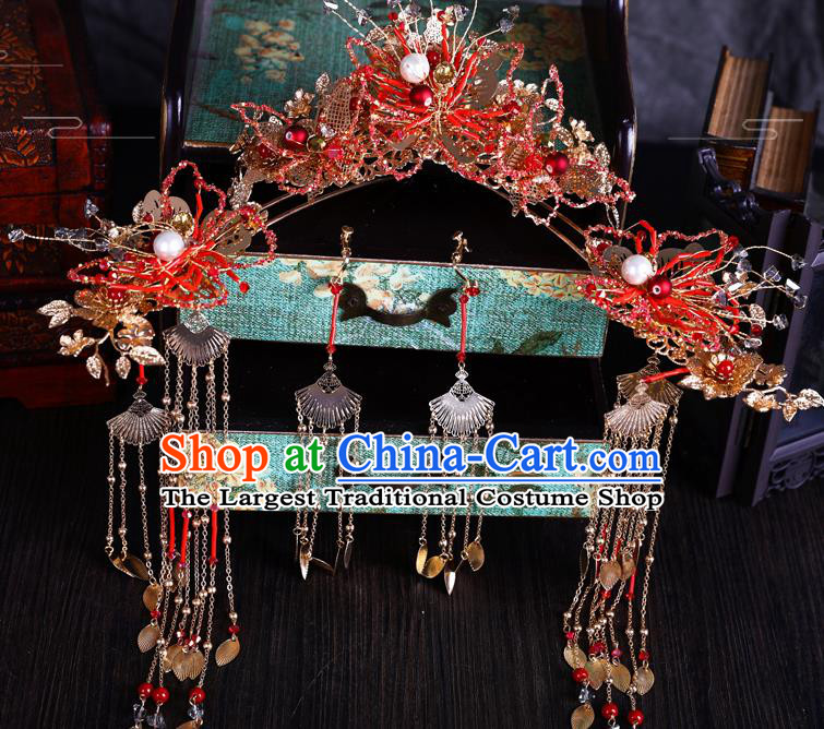 Traditional Chinese Handmade Red Butterfly Hair Crown Chaplet Hairpins Ancient Bride Hair Accessories for Women