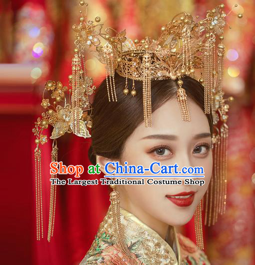 Traditional Chinese Handmade Golden Butterfly Tassel Phoenix Crown Hairpins Ancient Bride Hair Accessories for Women