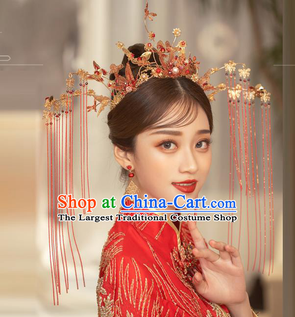 Traditional Chinese Handmade Red Tassel Butterfly Crown Hairpins Ancient Bride Hair Accessories for Women